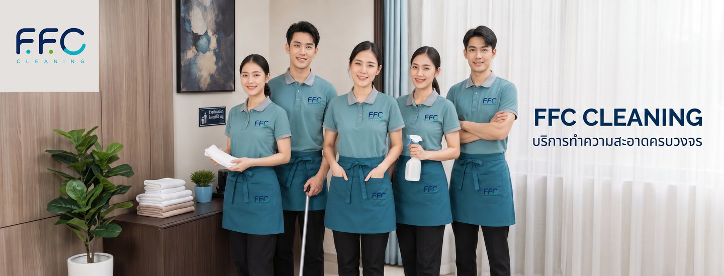 ทีมงาน FFC Cleaning 5 คนในชุดยูนิฟอร์มสีเขียวเทา พร้อมอุปกรณ์ทำความสะอาด