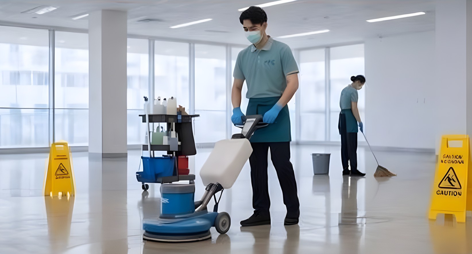 พนักงาน FFC Cleaning ใช้เครื่องขัดพื้นทำความสะอาดครั้งใหญ่
