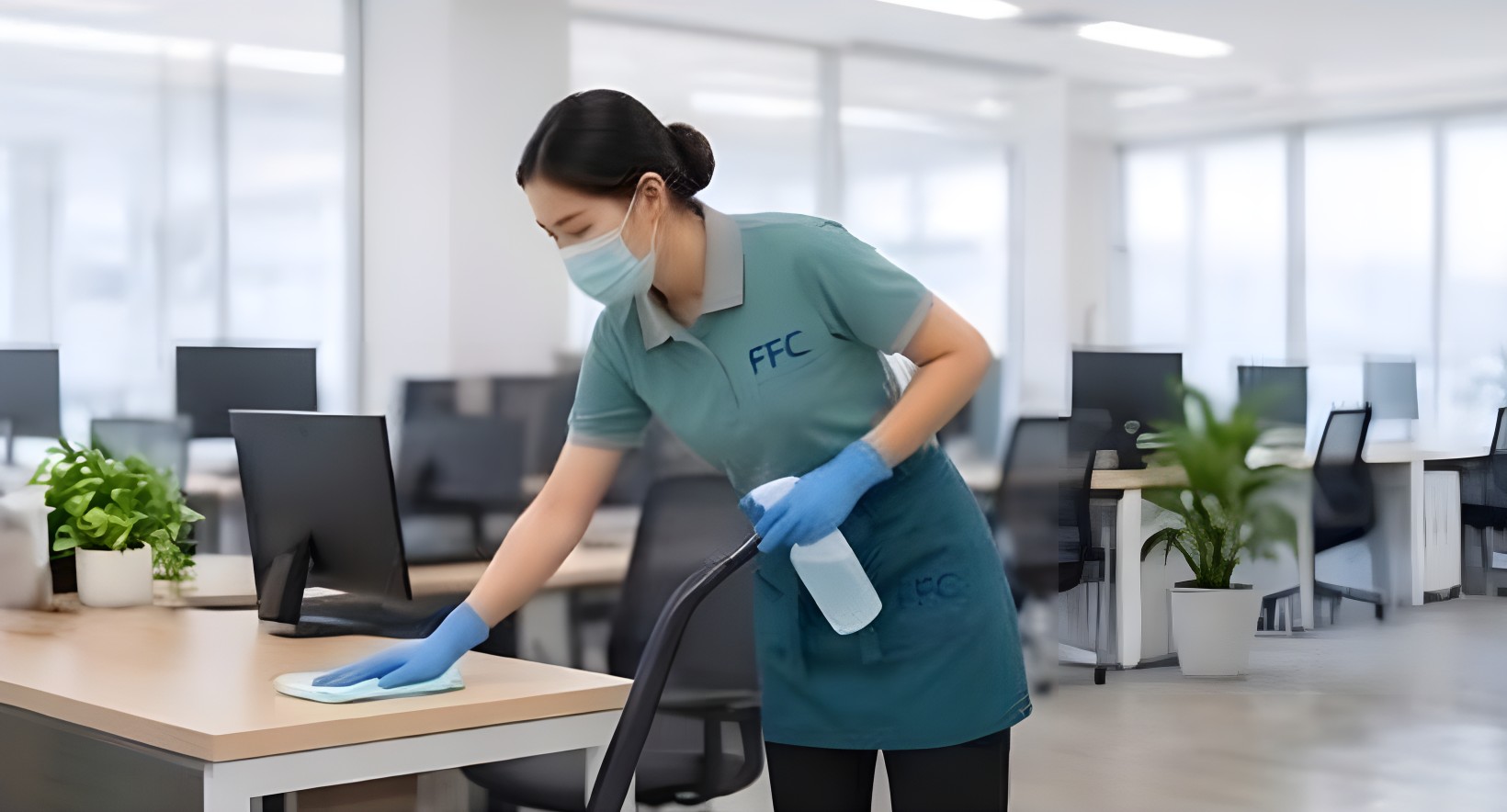 พนักงาน FFC Cleaning ทำความสะอาดโต๊ะทำงานในสำนักงาน